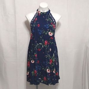 Tassels N Lace Halter Open Back Floral Print Swing Tunic Dress Small Boho Summer